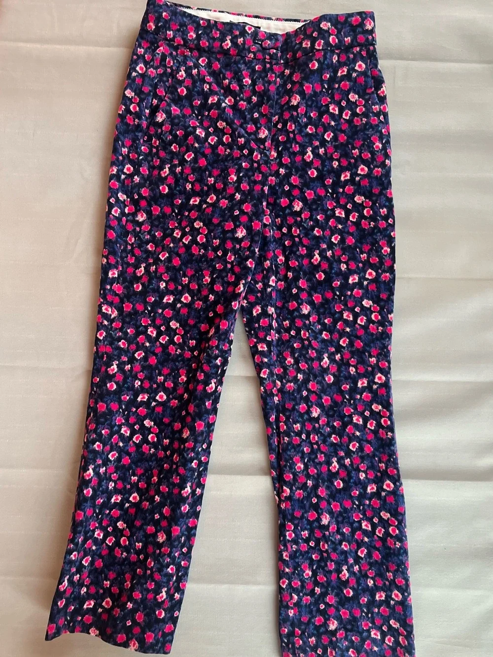 J Crew Floral Corduroy Straight Leg Pants Navy Pink Print Size 2